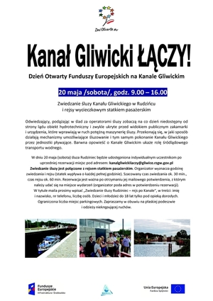 Zaproszenie na Dzień otwrty funduszy Europejskich na kanale Gliwickim